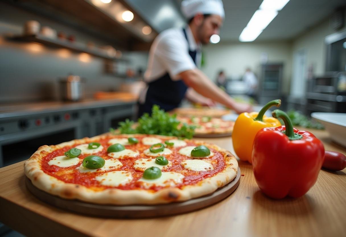 Grey's Anatomy Hospital Cafeteria Pizza preparation with fresh toppings like pepperoni and bell peppers in a vibrant kitchen setting.