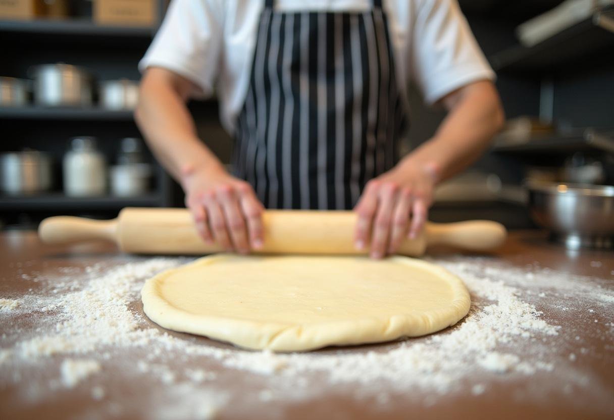 Rolling out pizza dough for Grey’s Anatomy Hospital Cafeteria Pizza in a well-equipped kitchen, highlighting the dough preparation process.