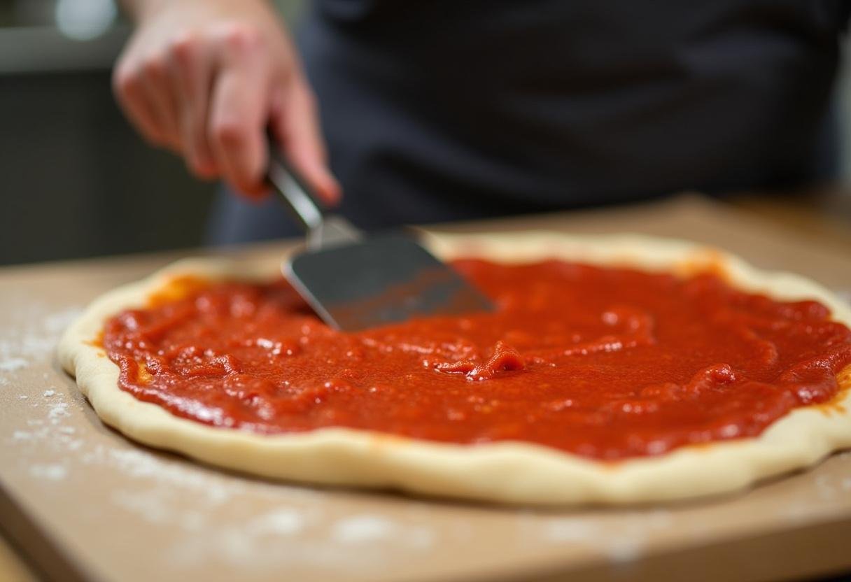 Spreading tomato sauce on pizza dough for Grey's Anatomy Hospital Cafeteria Pizza, showcasing the classic preparation step.