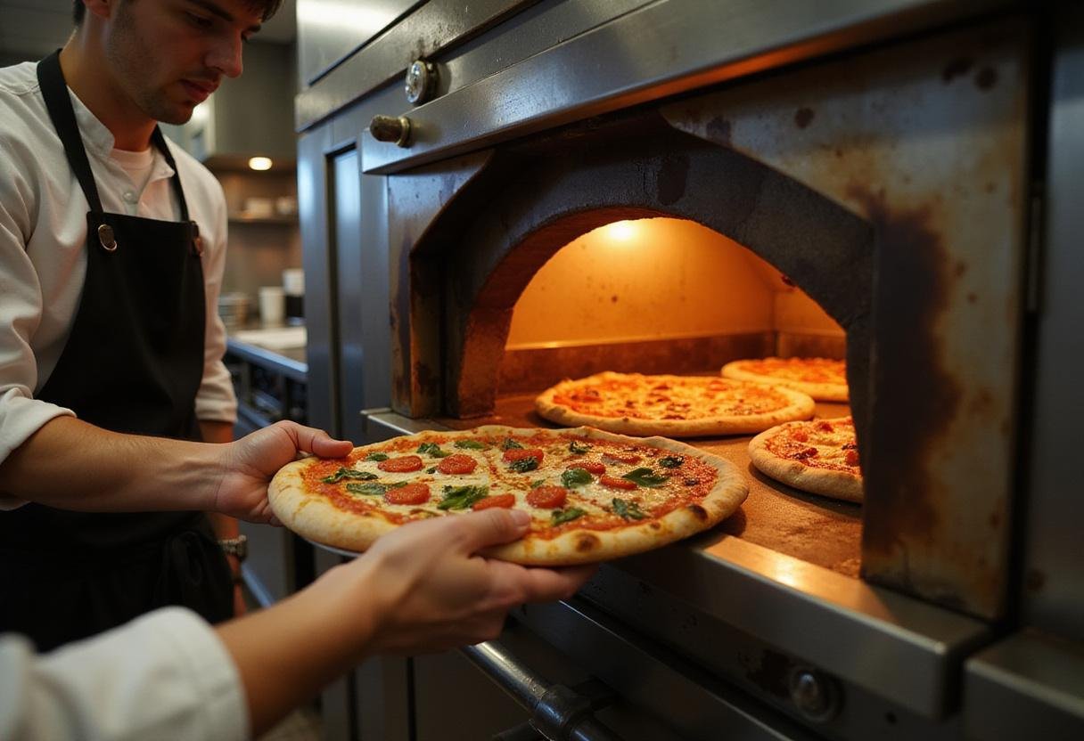 Placing a pizza in the oven for Grey’s Anatomy Hospital Cafeteria Pizza, illustrating the final cooking stage in a bustling kitchen.
