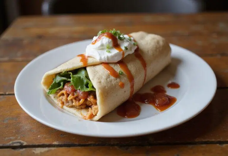 Final presentation of a Grey’s Anatomy Lunch Break Burrito, showcasing a delicious meal perfect for lunch breaks, featuring fresh and vibrant garnishes.
