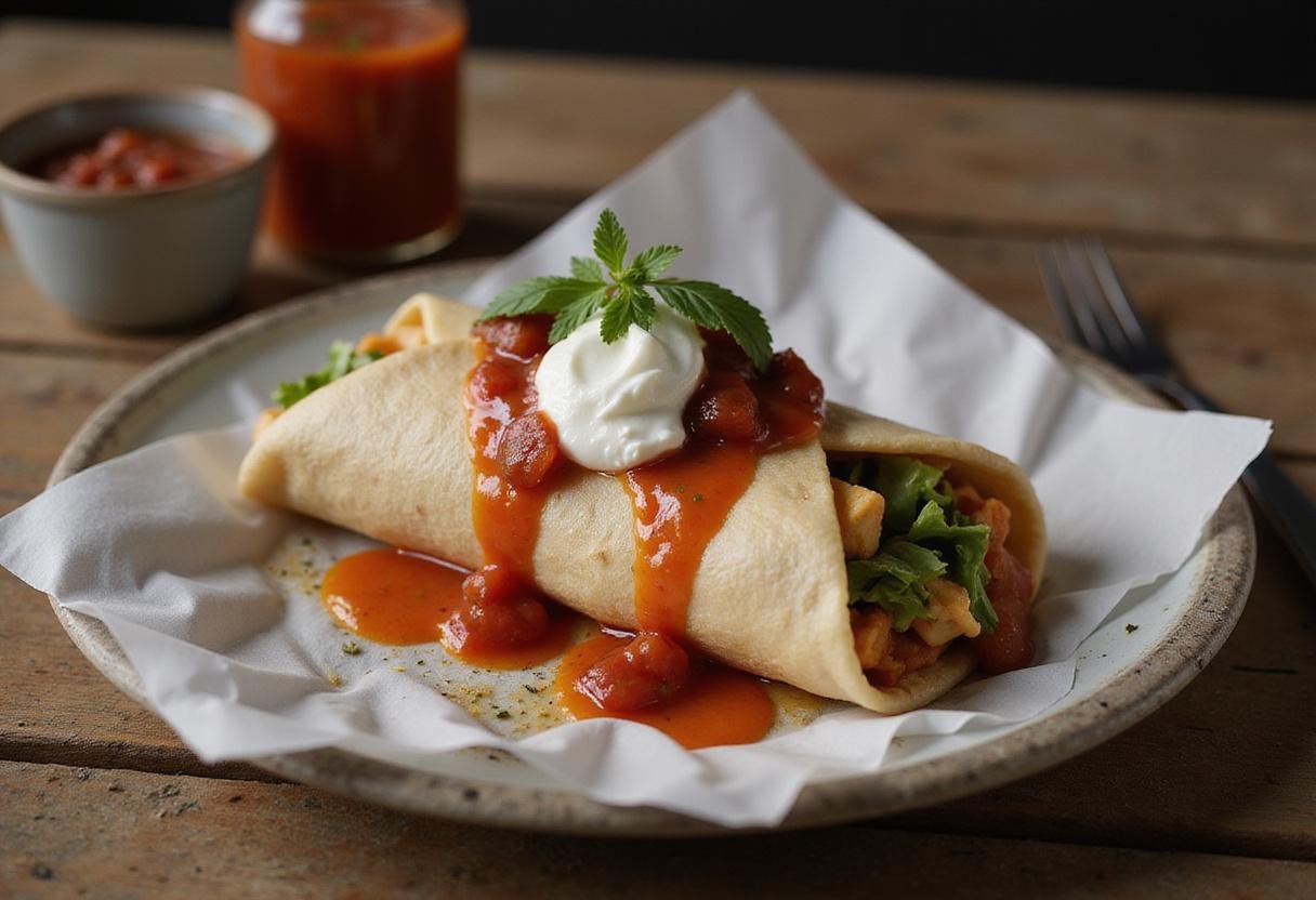 Final presentation of a Grey’s Anatomy Lunch Break Burrito, showcasing a delicious meal perfect for lunch breaks, featuring fresh and vibrant garnishes.