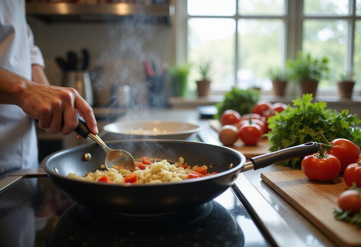 Sautéing diced onions and bell peppers for a flavorful Grey’s Anatomy Lunch Break Burrito, highlighting freshness and preparation.