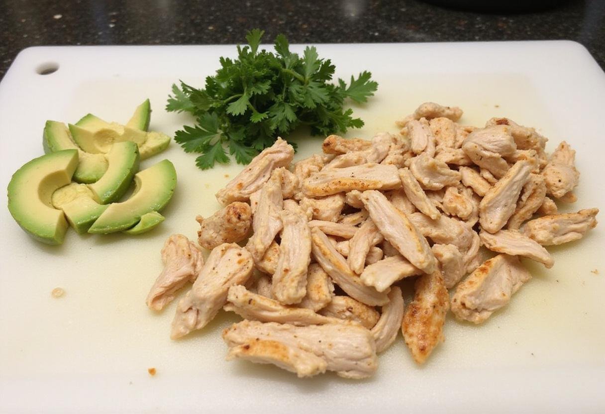 Preparing shredded grilled chicken, cilantro, and avocado for the Grey’s Anatomy Lunch Break Burrito, showcasing vibrant ingredients.