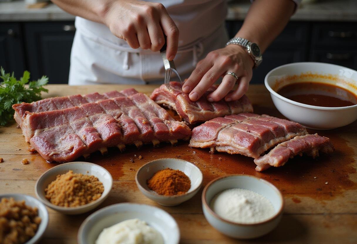 Preparation of a marinade for Grey's Anatomy BBQ Ribs, showcasing BBQ ingredients like garlic and spices for flavorful ribs.