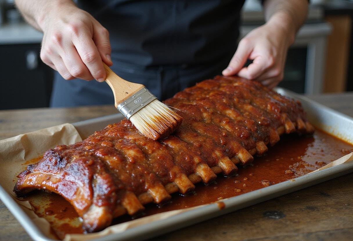 Applying marinade to pork ribs for BBQ, illustrating the preparation process for delicious Grey's Anatomy-inspired ribs.