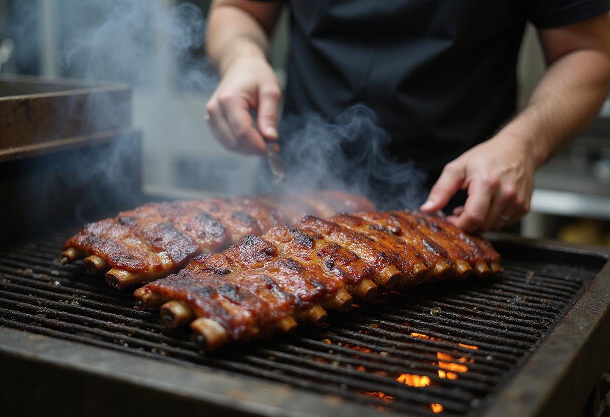 Grilling marinated BBQ ribs on a hot grill, capturing the essence of cooking Grey’s Anatomy McSteamy’s BBQ Ribs.
