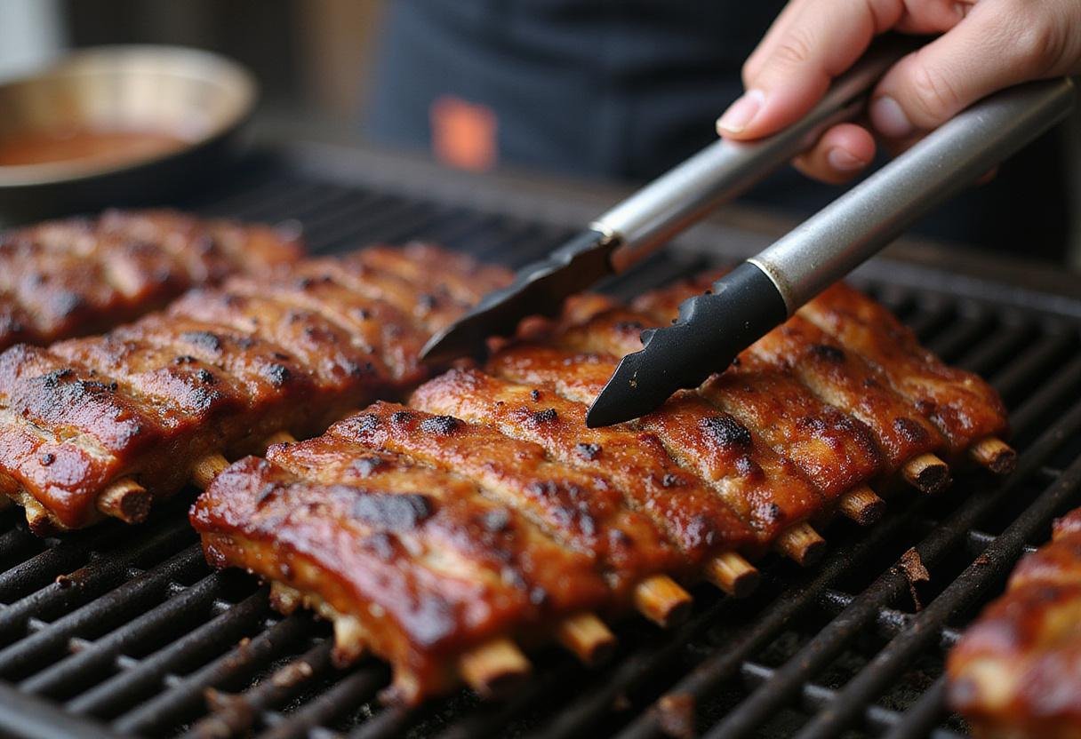 Checking the cooking process of BBQ ribs on the grill, highlighting the careful attention to detail in making McSteamy's ribs.