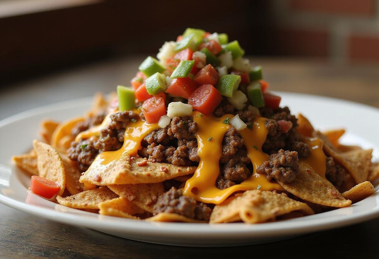 Finished Grey’s Anatomy Night Shift Nachos, an indulgent dish perfect for sharing during your favorite shows, featuring vibrant toppings and gooey cheese.