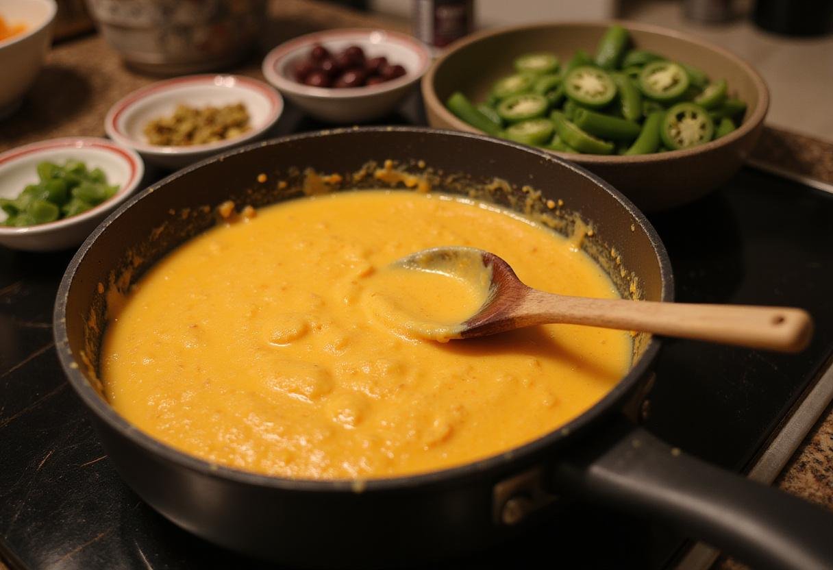 Melted cheese preparation for Grey’s Anatomy Night Shift Nachos, perfect for drizzling over hearty toppings and enhancing flavor.