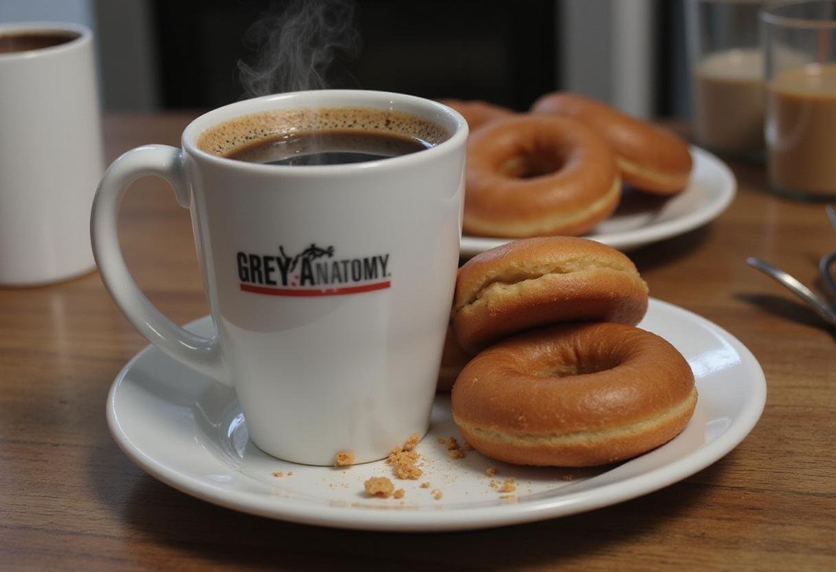 A styled breakfast tray showcasing Grey’s Anatomy O.R. coffee with an array of donuts, capturing the essence of a perfect start to the day.