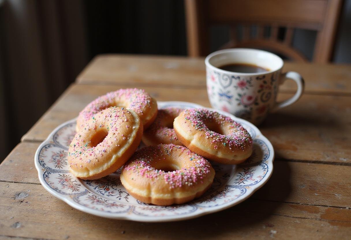 Assorted donuts being arranged on a decorative plate next to a cup of Grey’s Anatomy O.R. coffee, ideal for a delicious morning treat.