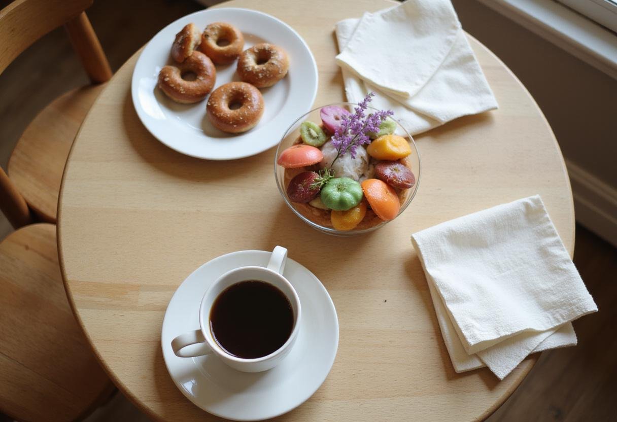 Cheerful breakfast scene showcasing Grey’s Anatomy O.R. coffee with colorful donuts on a table perfect for any foodie.