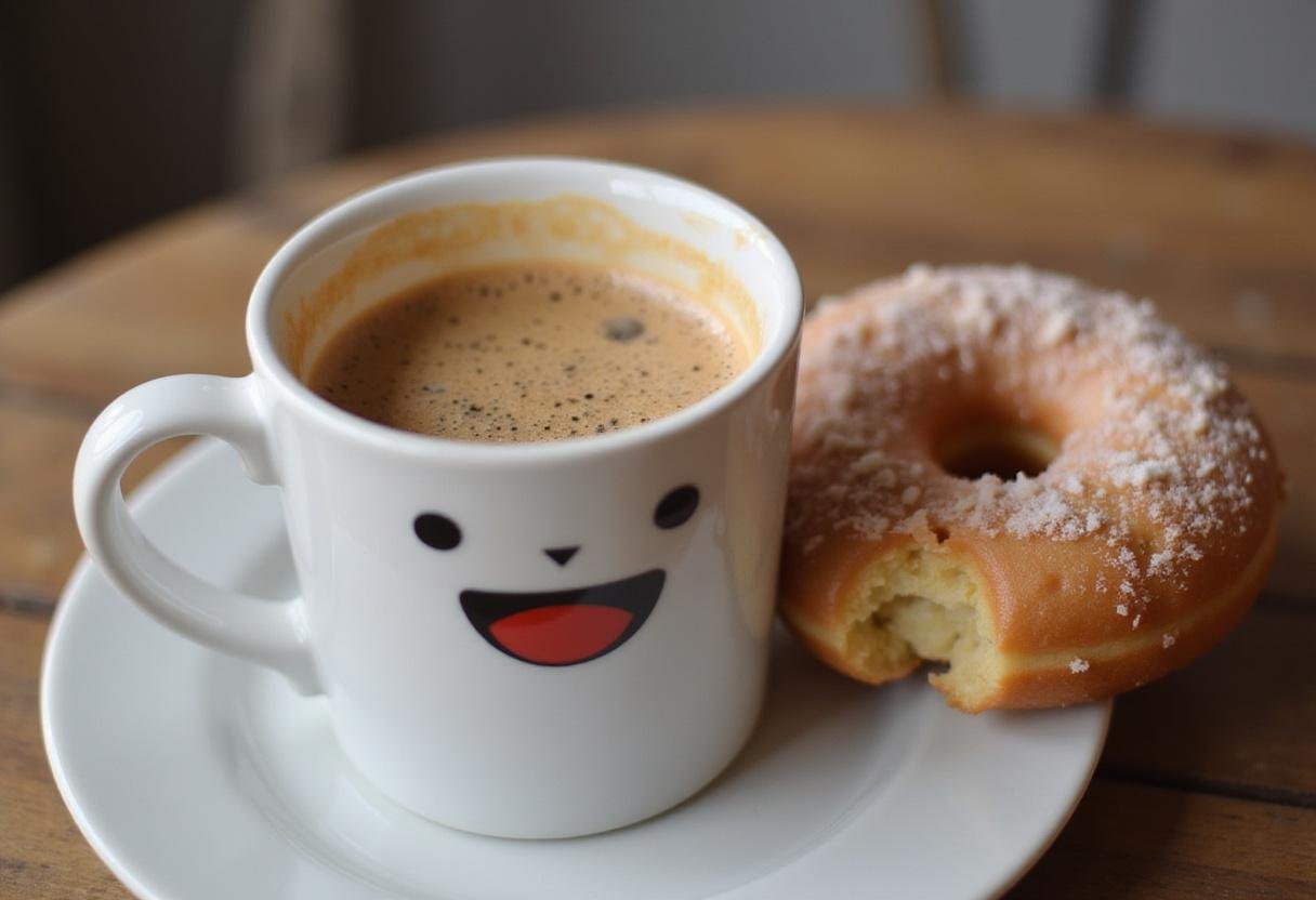 Coffee mug filled with frothy Grey’s Anatomy O.R. coffee, complemented by a half-eaten donut for a playful breakfast vibe.