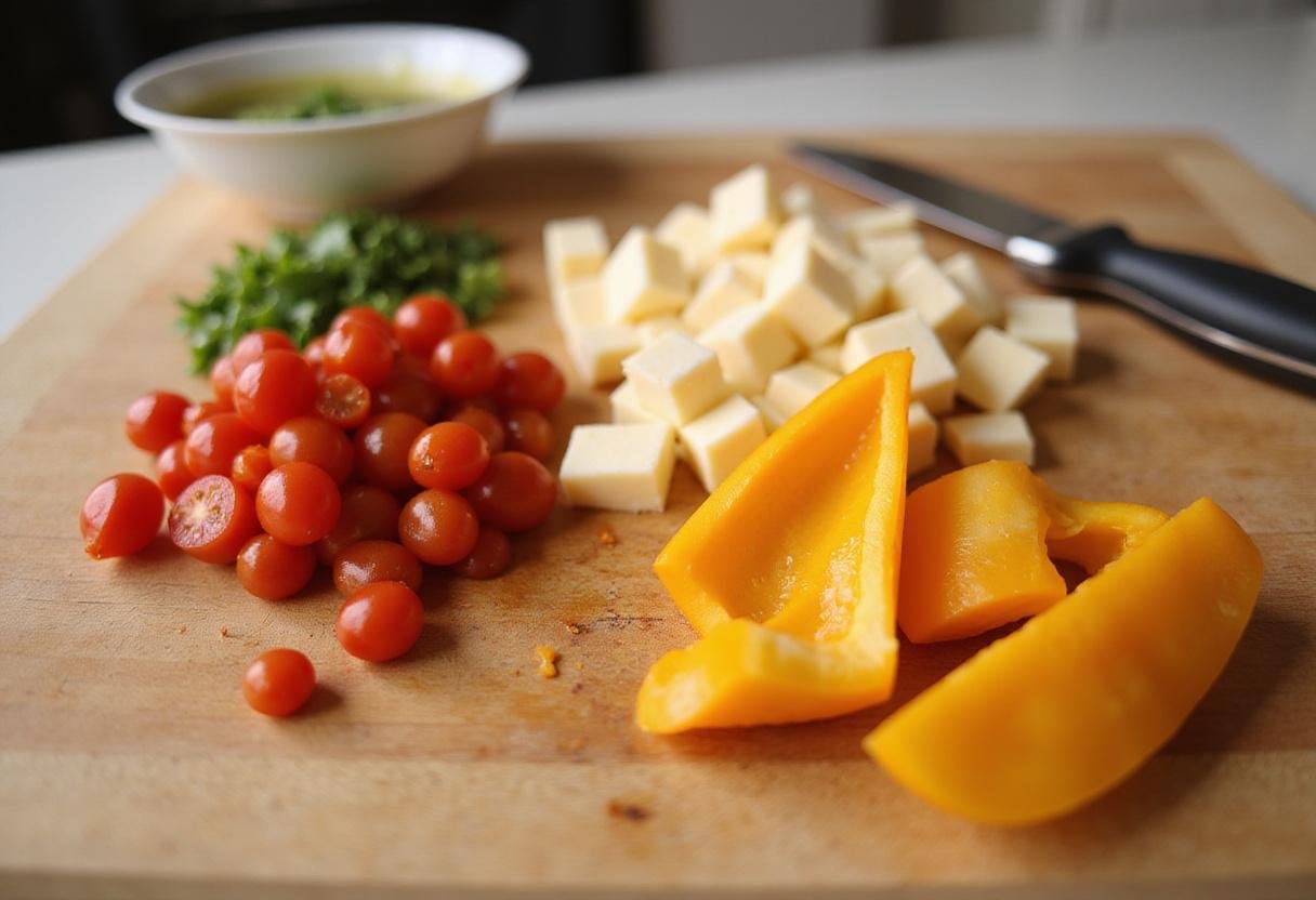 Fresh ingredients for Grey's Anatomy Scrub Room Snacks, featuring colorful bell peppers and cherry tomatoes ready to be chopped on a wooden cutting board.