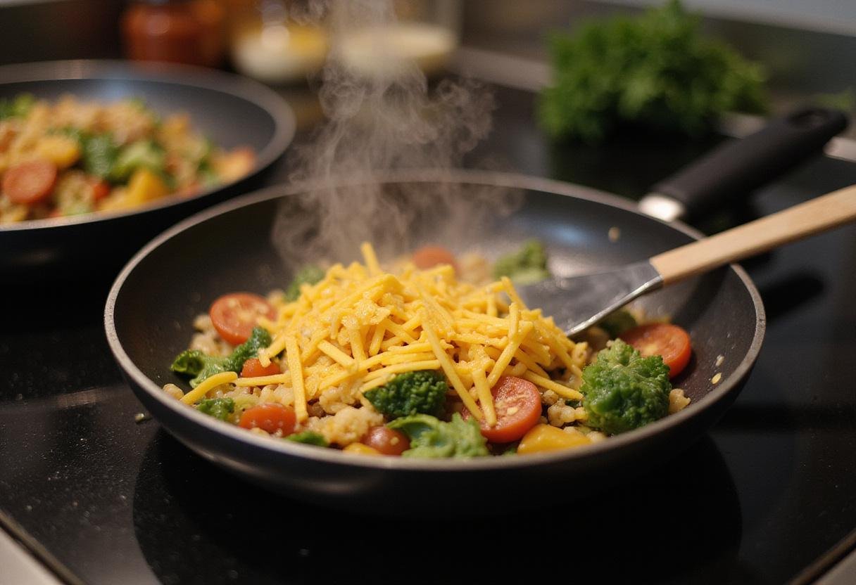 Sautéing vegetables and cheese in a frying pan for Grey's Anatomy Scrub Room Snacks, capturing the steam and flavors as they come together.