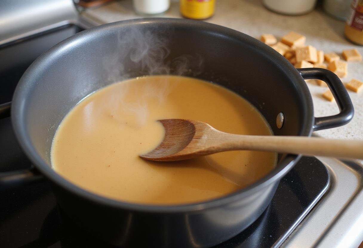 Preparing Harry Potter Butterbeer with butterscotch syrup and cream in a pot, a perfect mix for the famous wizarding drink.