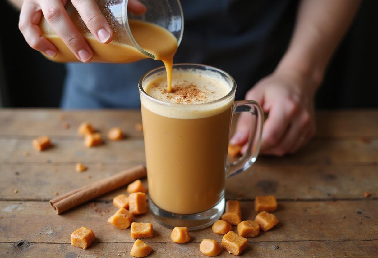 Pouring the warm butterscotch and cream mixture into a glass, preparing to serve the delicious Harry Potter Butterbeer.