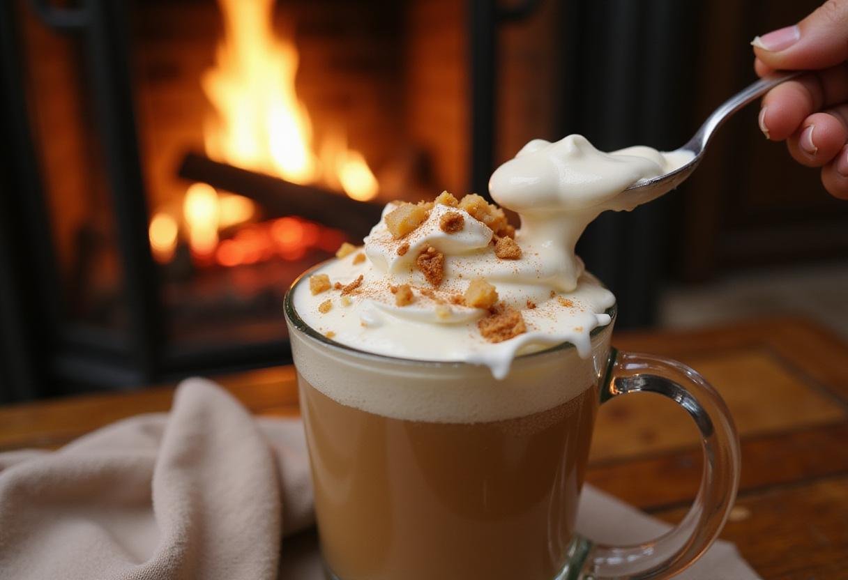 Dolloping whipped cream onto the Harry Potter Butterbeer, creating a deliciously inviting beverage ready for enjoyment.