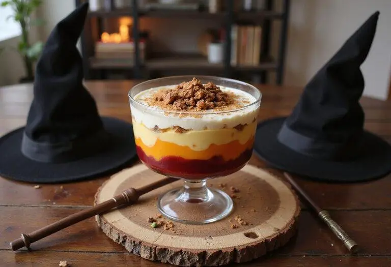 The final presentation of a Harry Potter English Trifle, layered with cream and fruits, in a magical themed setting.