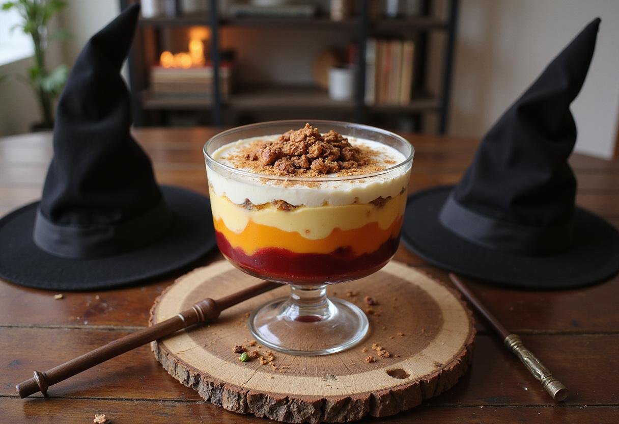 The final presentation of a Harry Potter English Trifle, layered with cream and fruits, in a magical themed setting.
