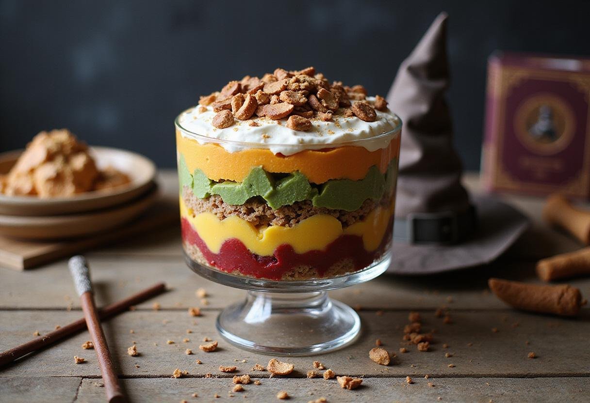The final presentation of a Harry Potter English Trifle, layered with cream and fruits, in a magical themed setting.
