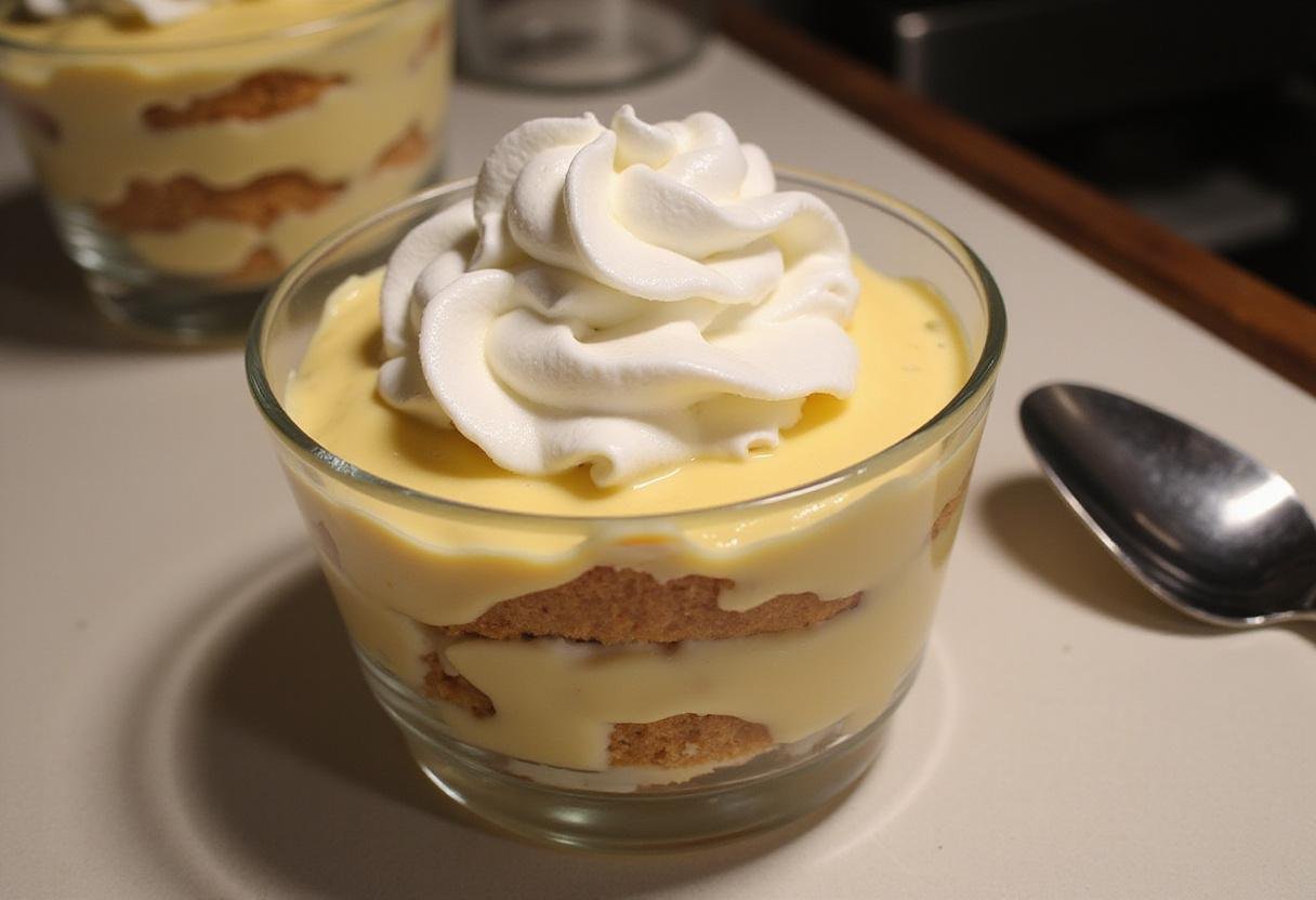 Creating layers of sponge cake and custard for an English Trifle inspired by Harry Potter in a modern kitchen.