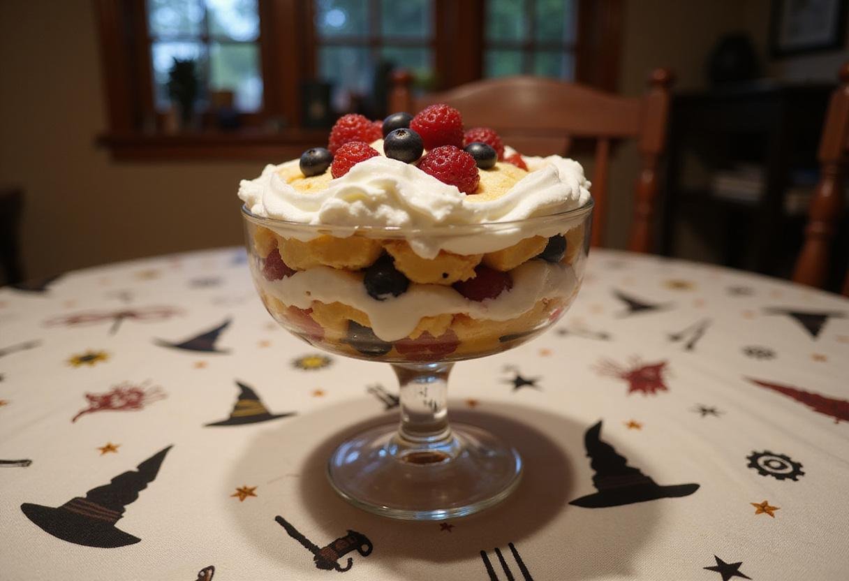Assembling a Harry Potter-themed English Trifle with whipped cream and fresh berries in a whimsical dining setting.