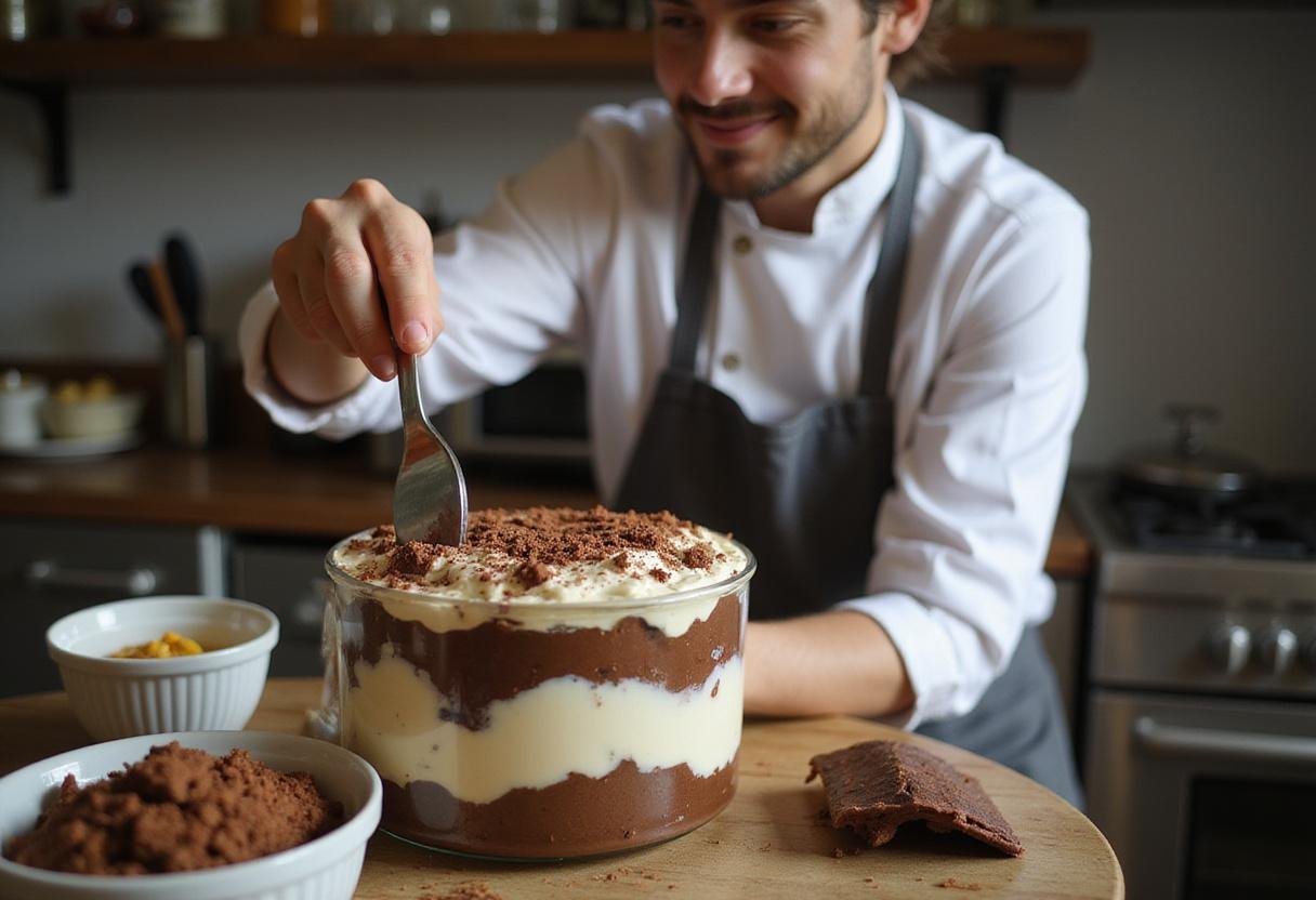 Finishing touches on a Harry Potter English Trifle with chocolate shavings done by a chef in a cozy kitchen.