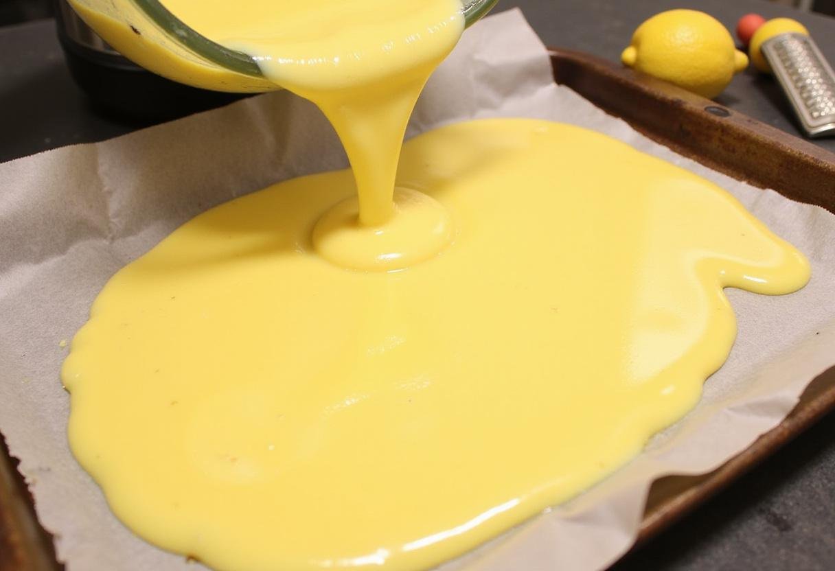 Transferring the lemon mixture onto a baking sheet for Harry Potter Lemon Drops, highlighting the candy-making process and the vibrant yellow color.
