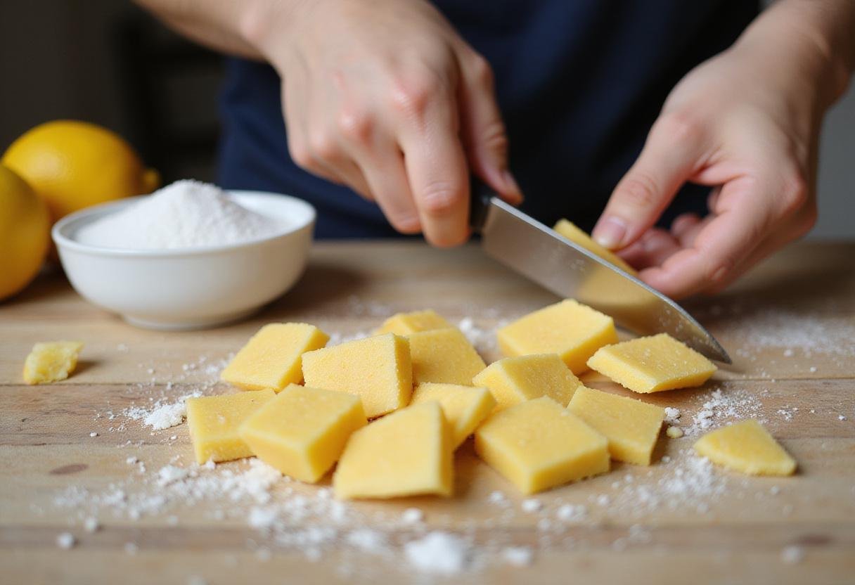 Cutting the set lemon drops into pieces for Harry Potter Lemon Drops, emphasizing the fun of candy creation and the soft texture of sweet treats.