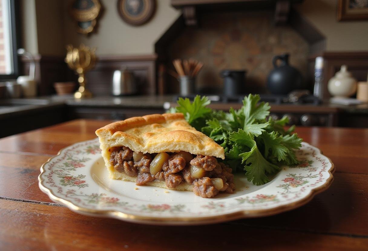 Delicious slice of Harry Potter Meat and Potato Pie, perfectly cooked and plated, capturing the essence of magical comfort food.