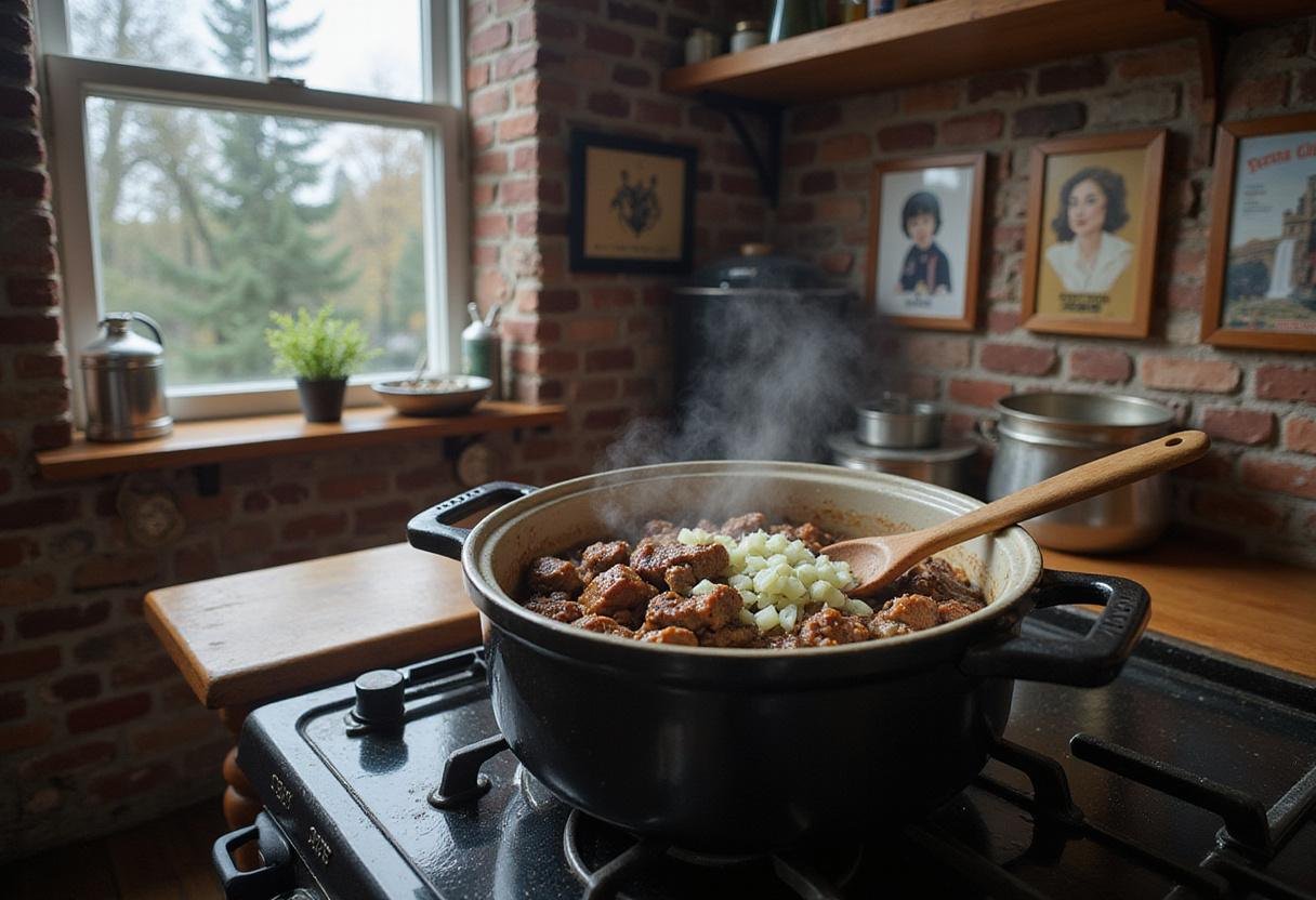 Cooking cubed beef and onions for Harry Potter Meat and Potato Pie, delicious beef stew preparation in a magical themed kitchen.