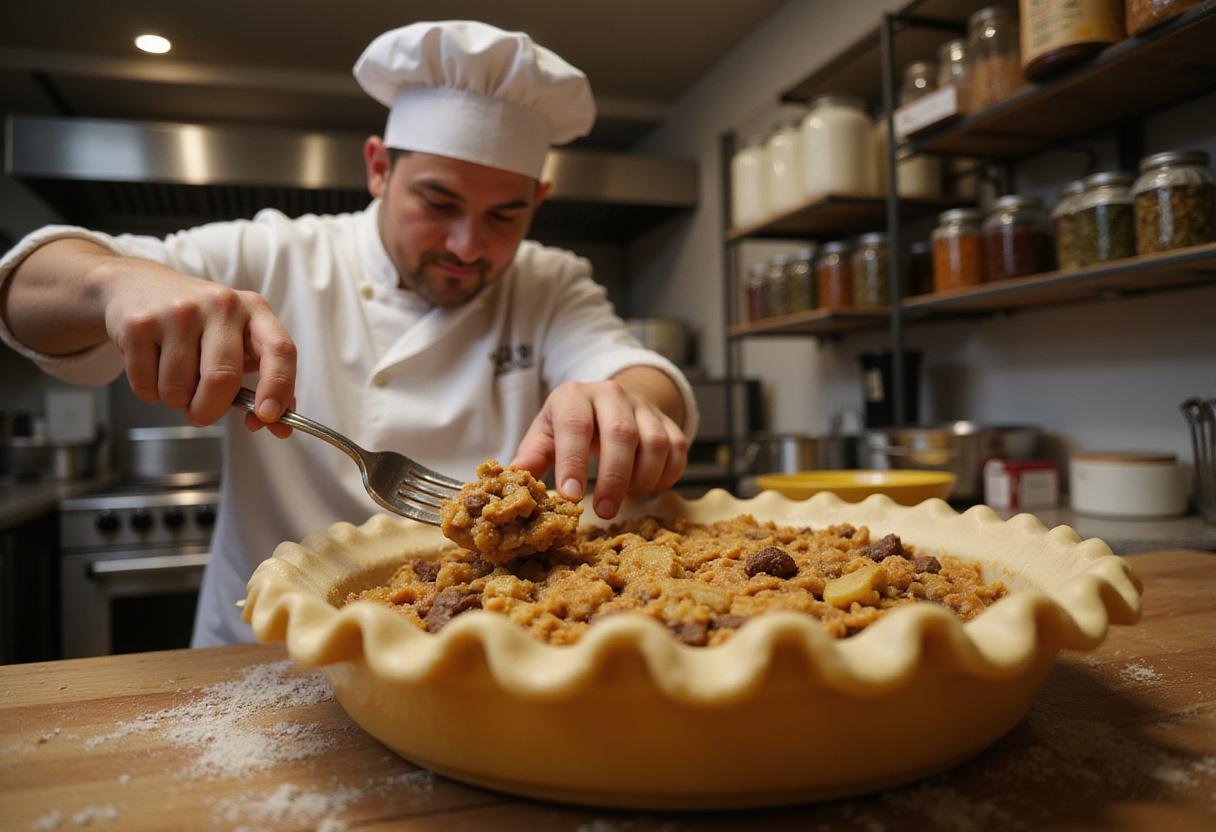 Assembling Harry Potter Meat and Potato Pie, filling a pie crust with rich meat and potato mixture for a hearty dish.