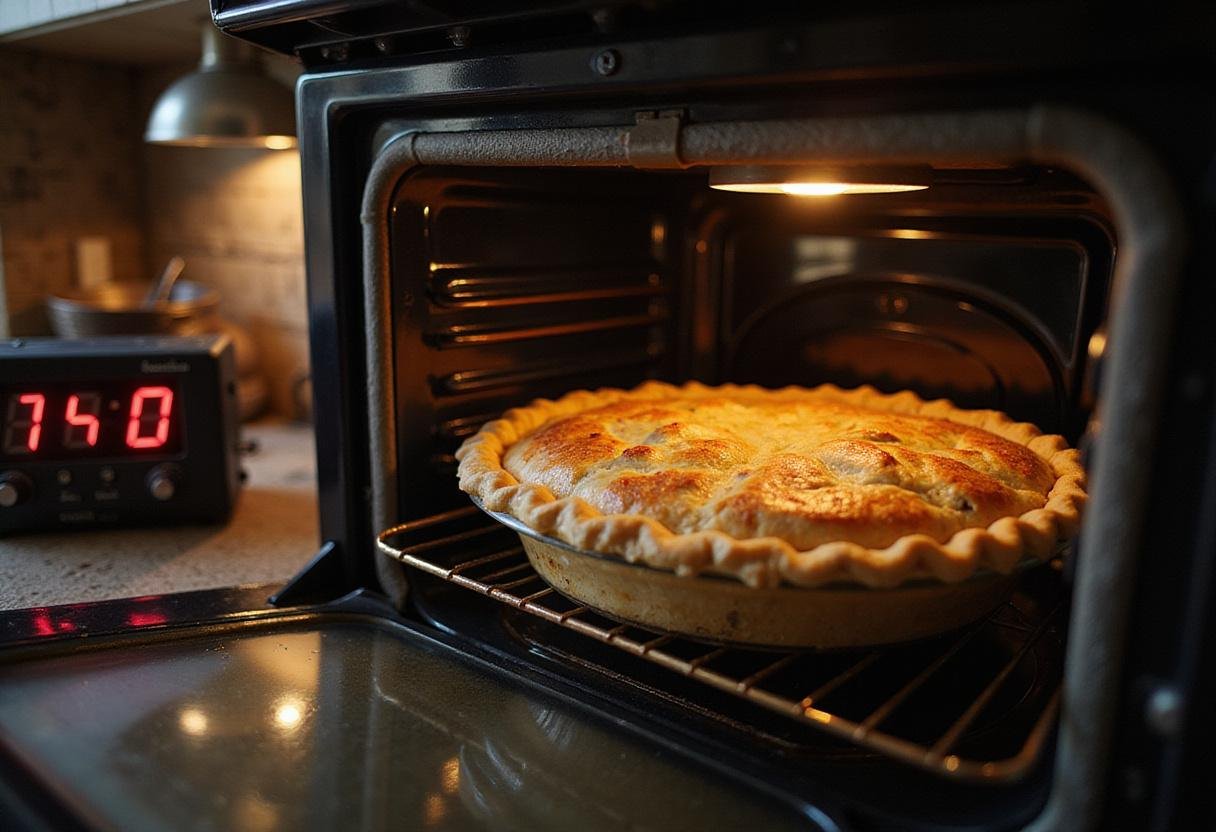 Baking Harry Potter Meat and Potato Pie in the oven, golden crust and aromatic flavors filling the cozy kitchen.