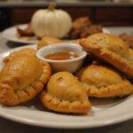 Delicious golden-brown Harry Potter pumpkin pasties served on a plate with dipping sauce, perfect for a magical meal.