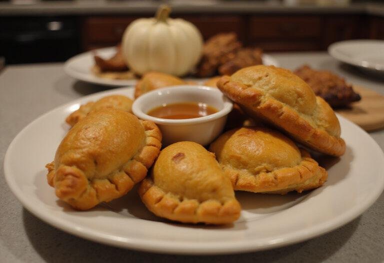 Delicious golden-brown Harry Potter pumpkin pasties served on a plate with dipping sauce, perfect for a magical meal.
