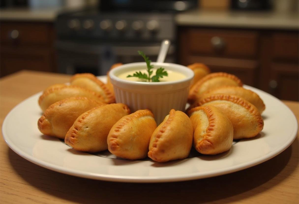 Delicious golden-brown Harry Potter pumpkin pasties served on a plate with dipping sauce, perfect for a magical meal.