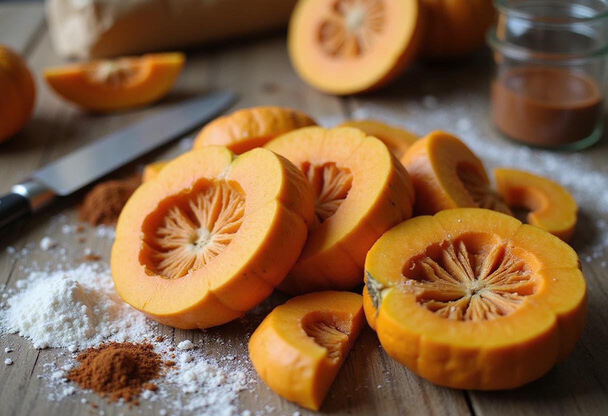 Preparing ingredients for Harry Potter pumpkin pasties with sliced pumpkin, spices, and flour on a wooden table.