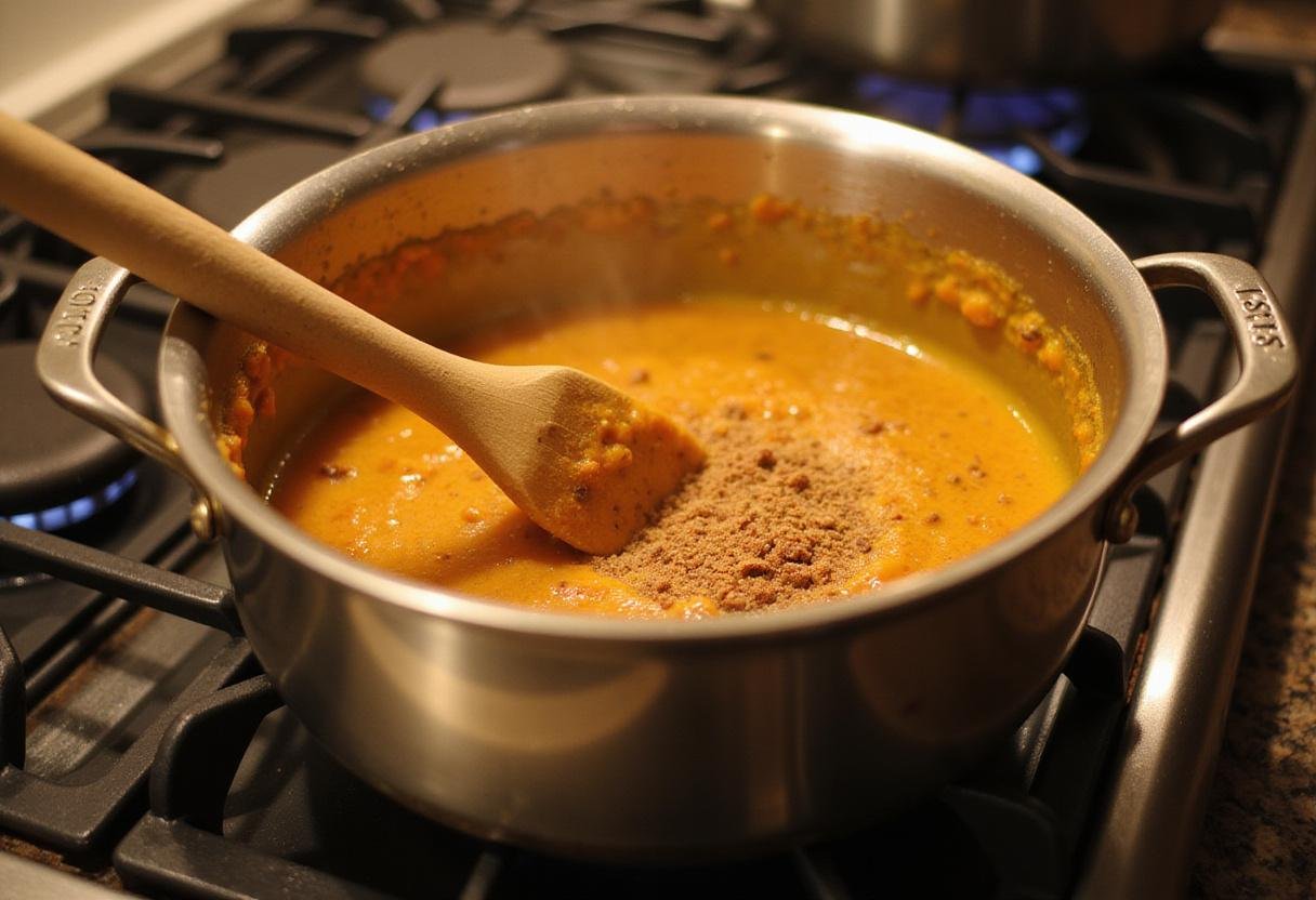 Cooking pumpkin mixture for Harry Potter pumpkin pasties on the stove, evoking delicious fall aromas.