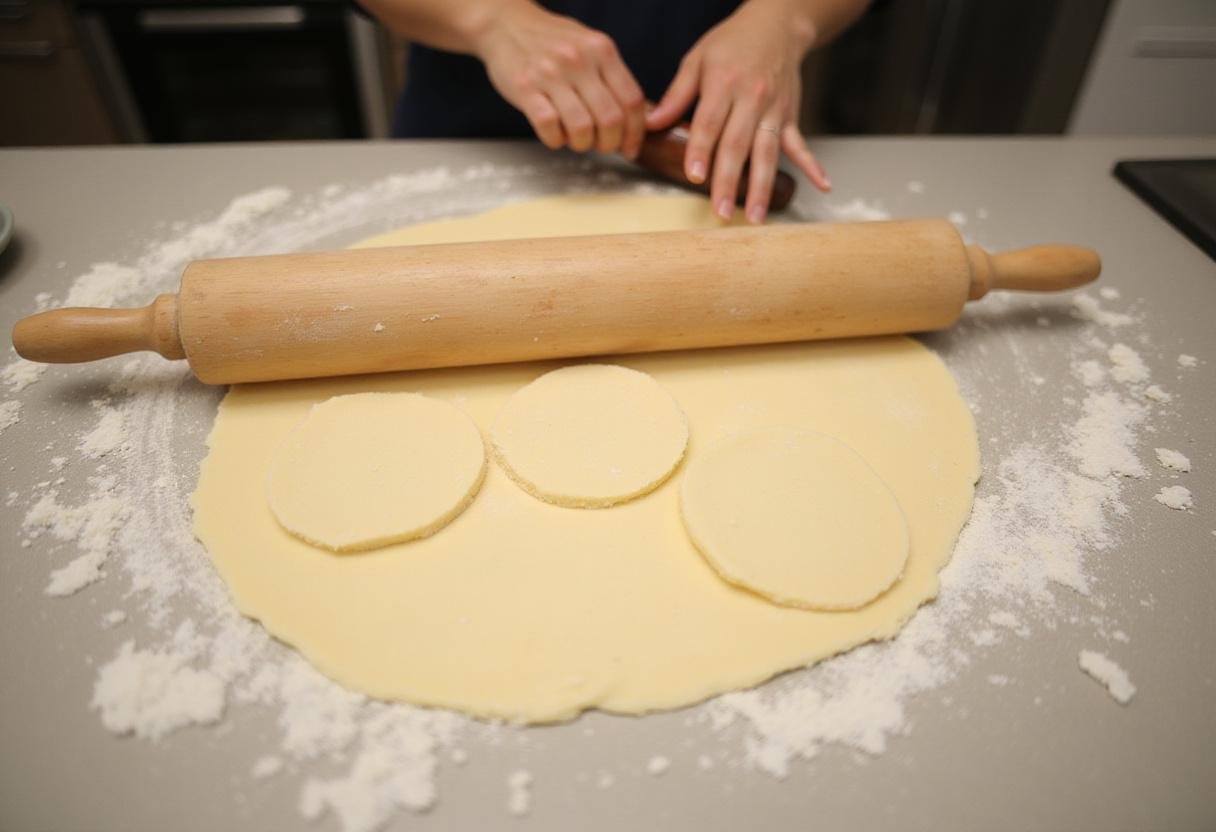 Rolling pastry dough for Harry Potter pumpkin pasties on a countertop, showcasing the texture and thickness of the dough.