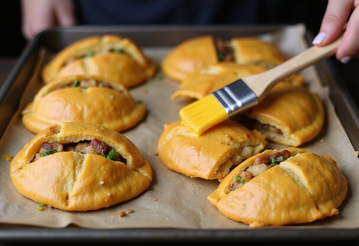 Preparing stuffed Harry Potter pumpkin pasties on a baking tray with egg wash, ready for baking.