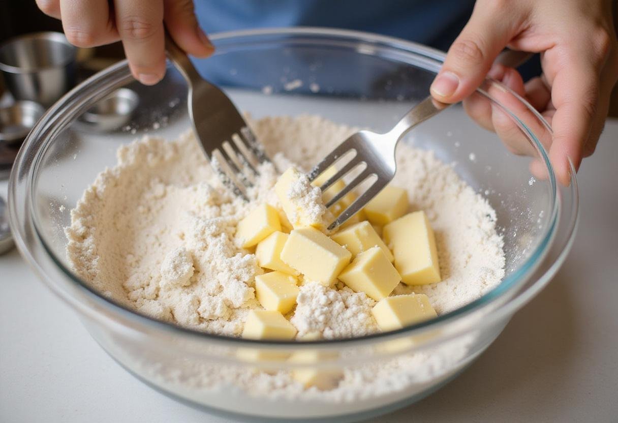 Cutting cold butter into the dry mixture for authentic Harry Potter Rock Cakes, emphasizing the traditional preparation process.