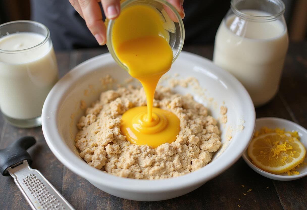 Incorporating beaten egg and milk into the crumbled mixture for delicious Harry Potter Rock Cakes, enhancing the flavor profile.