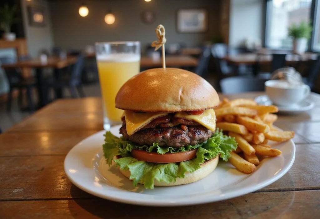 Final presentation of the House M.D. Hospital Cafeteria Burger, exquisitely plated with fries for an appetizing restaurant-style meal.