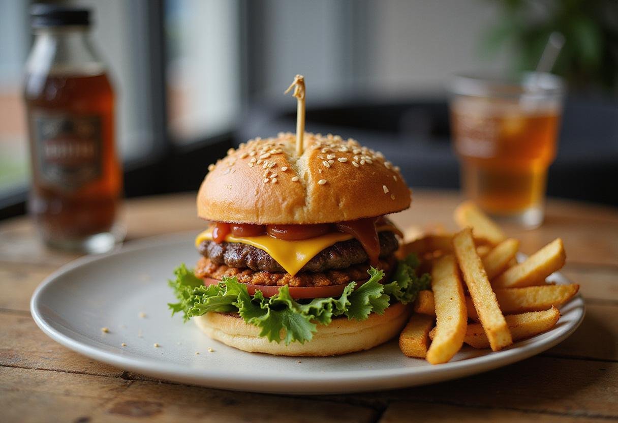 Final presentation of the House M.D. Hospital Cafeteria Burger, exquisitely plated with fries for an appetizing restaurant-style meal.