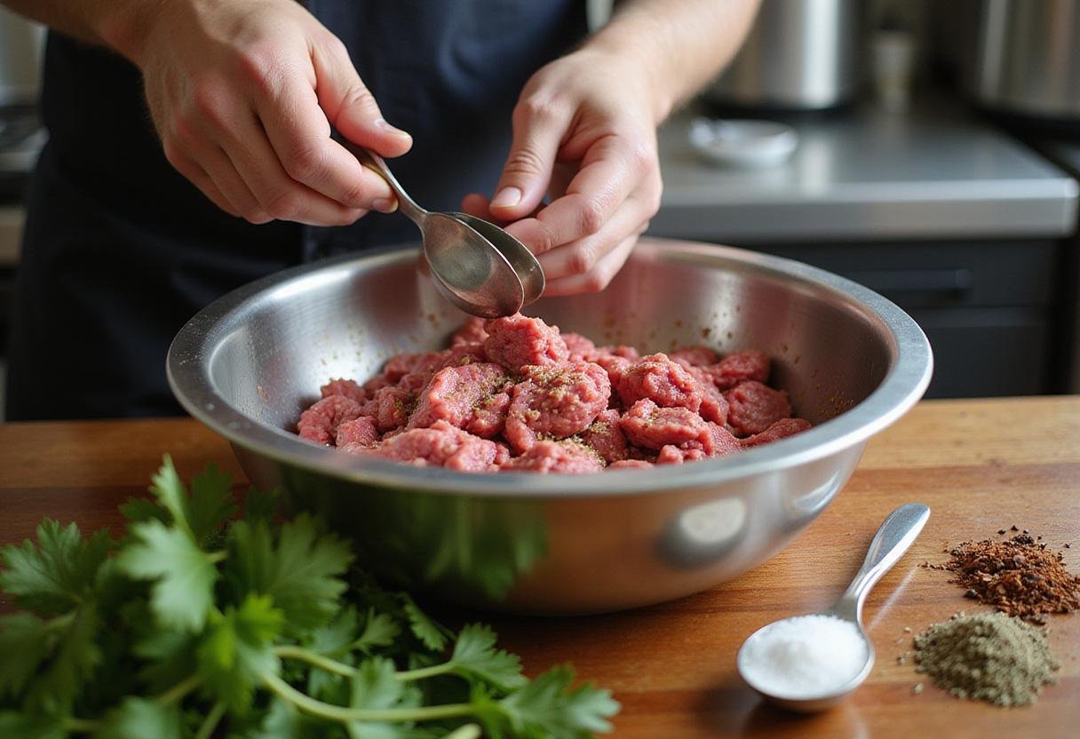 Preparing ground beef for the House M.D. Hospital Cafeteria Burger with seasonings and fresh herbs.