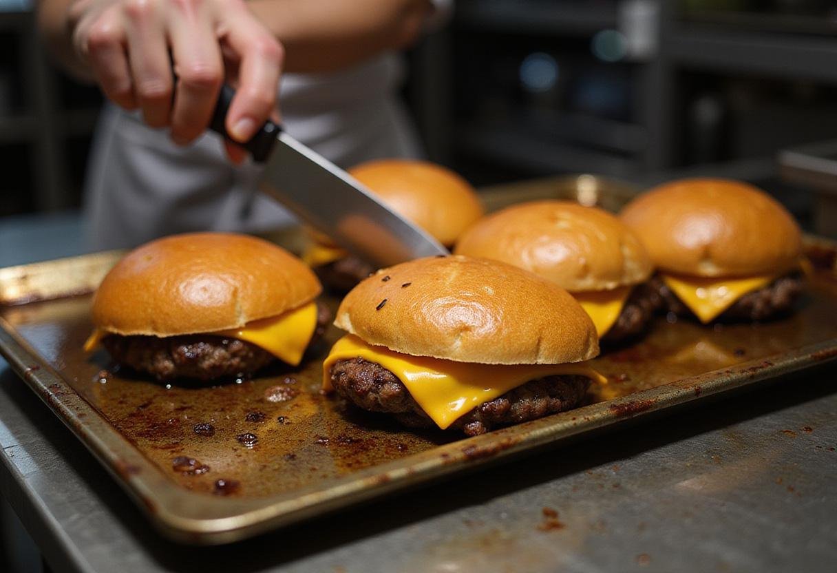 Toasting buns for the House M.D. Hospital Cafeteria Burger, enhancing flavor and texture with melted cheese.