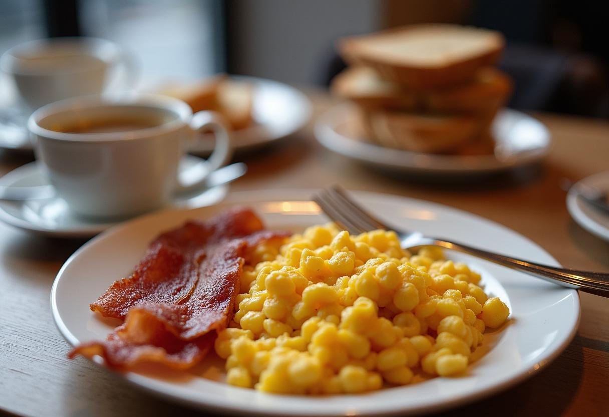 Complete breakfast spread inspired by How I Met Your Mother at MacLaren's, featuring tasty scramble, bacon, and toast.