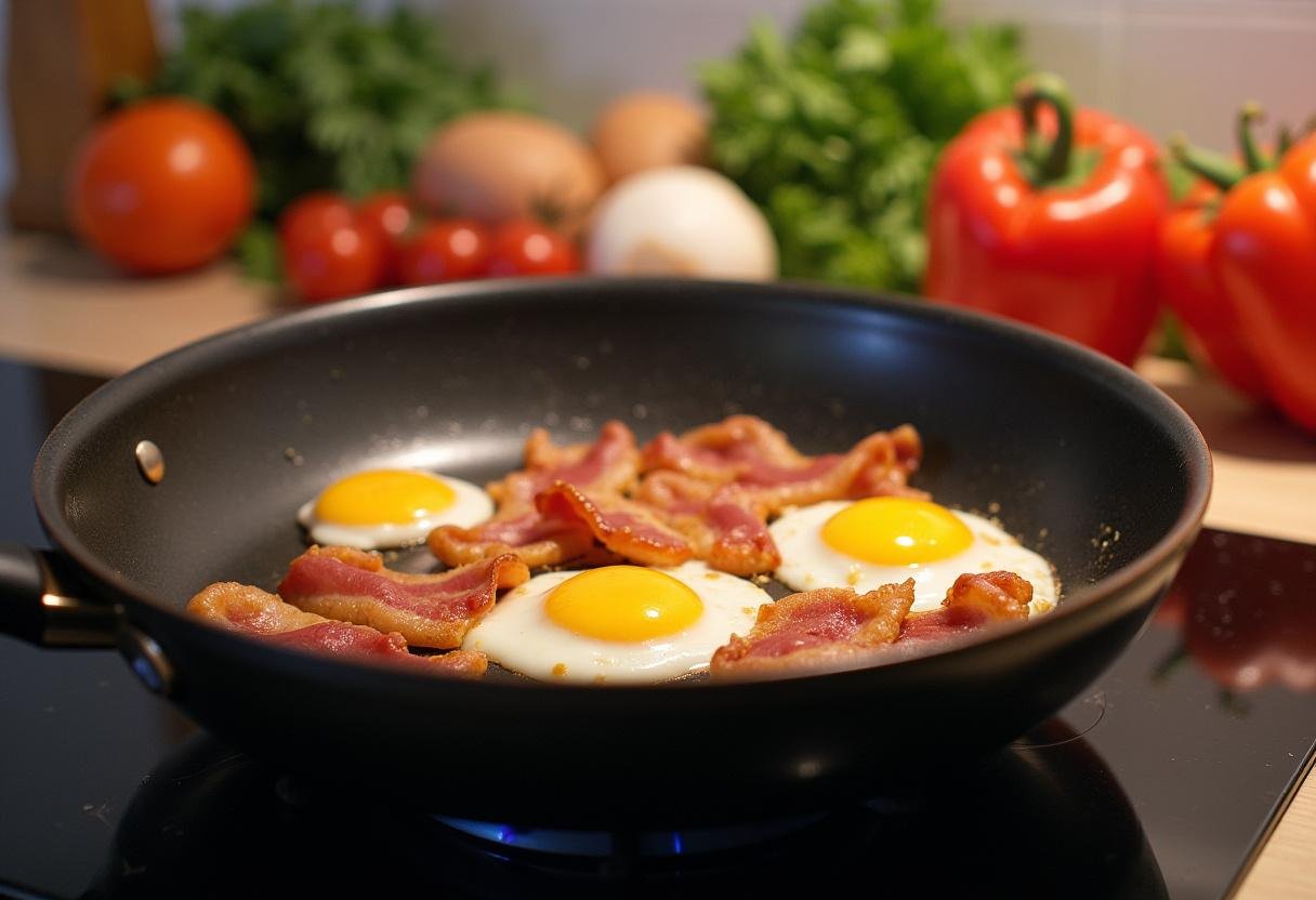 Cooking bacon and eggs in a vibrant kitchen for a How I Met Your Mother breakfast inspired by MacLaren's.